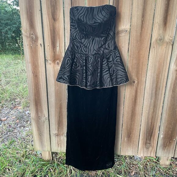 Vintage 80s AJ BARI Strapless Dress PEPLUM Velvet Flocked Taffeta Rhinestones S - Picture 1 of 10